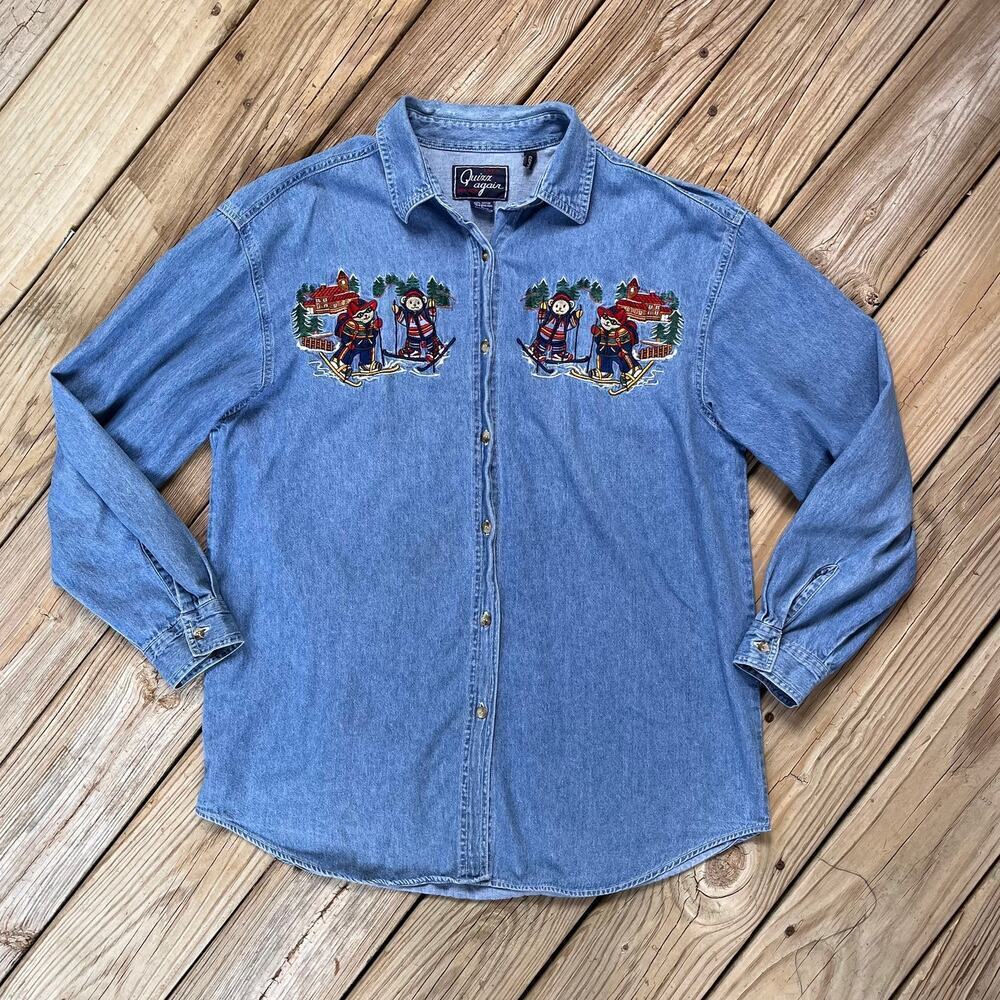 Let's Quizz Again New York Women's Vintage Winter Bear Denim Shirt Size L